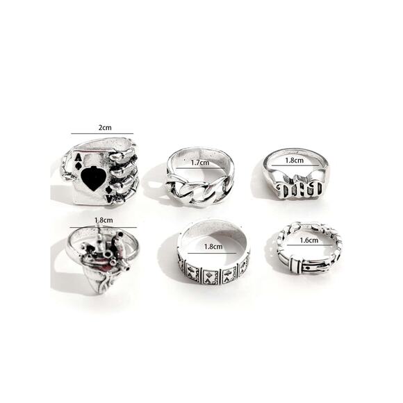6x Silver Goth Emo Punk Rings Set – Heart Ace Dice Skeleton - Picture 5 of 5